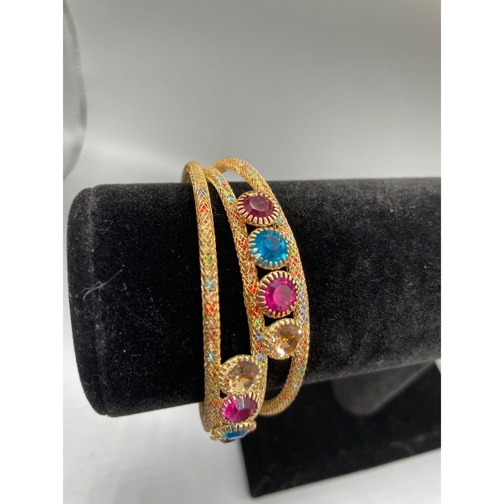 Gold Tone Mesh Triple Strand Multi Color Crystal Cuff Bracelet Rainbow‎ Jewelry